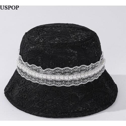 USPOP New Solid Color Pearl Lace Bucket hat Wide Brim Breathable Sun Hats