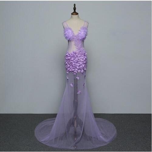 Birthday Bar Prom Clothes Nightclub Women Singer Dance Show Dress Purple Flowers Mesh Sleeveless See Through Long Dress Womens