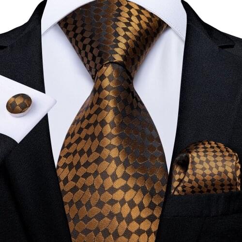 SJT-7238 DiBanGu Brown Plaid Mens Gift Tie 100% Silk Tie for Men Handkerchief Cufflinks Neck Tie Business Wedding Party Tie Set