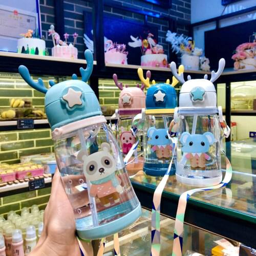 Portable Childrens Sippy cup, BPA Free leak-proof Cute Plastic Cartoon Antler Water Bottle With Rope