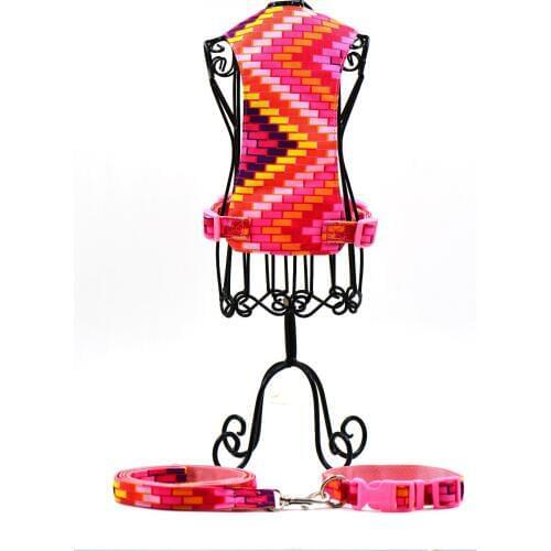 Adjustable Red Brick pattern Nylon dog harness+collar+leash S L soft pet harness dog collar lead puppy harness