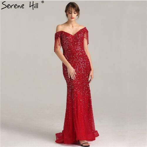 Luxury Full Beading Wine Red Mermaid Evening Dresses 2020 New Design Off Shoulder Tassel Formal Dress Party Dubai BLA6233