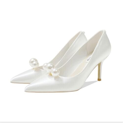 2021 summer small size banquet dress high heels white pearl pointed shallow mouth bridal wedding shoes simple womens shoes
