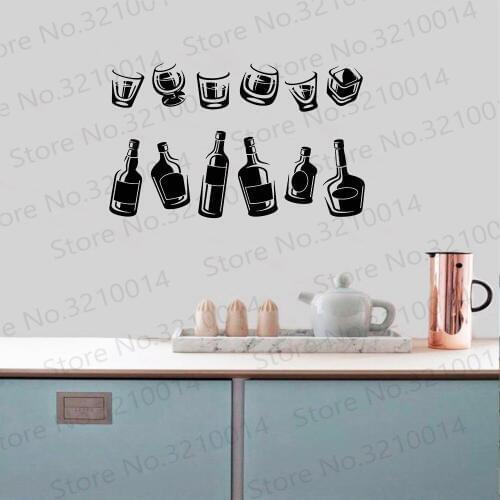 Wine Bottle Wall Decal Drinking Cup Collection Alcohol Glasses Pub Bar Kitchen Interior Decor Fridge Vinyl Stickers Mural PW342
