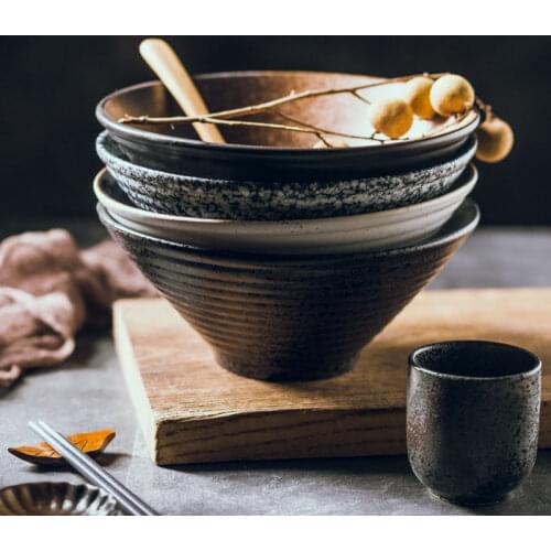 Japanese Ramen Bowl Ceramic Noodle Bowl Bamboo Hat Ceramic Bowl Household Large Ramen Rice Soup Bowl Retro Bowl Tableware Set