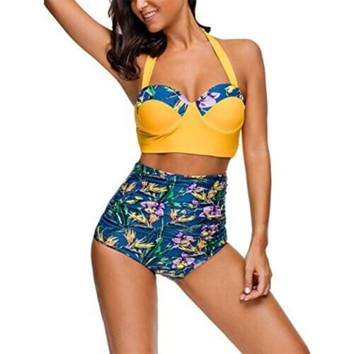 Women Swimsuits Vintage Bandeau Push Up Bikini Yellow Black Plus Size Bathing Suits High Waisted Bikini Biquini Beach Clothes
