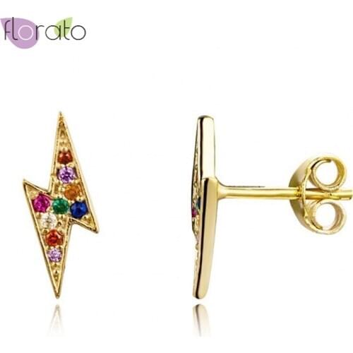 Korean Style 925 Sterling Silver Rainbow Zircon Stud Earrings for Women Mini Geometric Lightning Earrings Fashion Jewelry