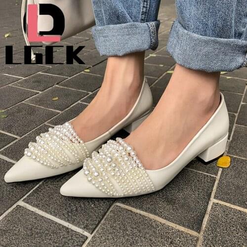 Plus Size 34-43 Genuine Leather Women Pumps Fashion Ladies Pointy Toe High Heels Pearl Decoration Heels Woman Dress Party Shoes