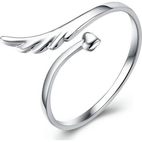 S925 Sterling Silver Cute Open Ring Female Korean Fashion Angel Wings Ring Open Size Adjustable Birthday Gift for Women