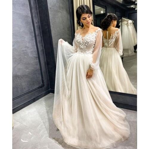 Long Sleeve Wedding Dress Sweethart 3D Flowers Floor Length Tulle Organza Boho Vintage Civil Bridal Gown Robe De Mariee Elegant