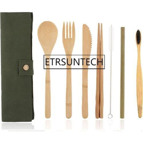 50sets Portable Knife Picnic Natural Reusable Straw Spoon Fork Chopstick Kitchen Utensil Bamboo Cutlery Set Toothbrush
