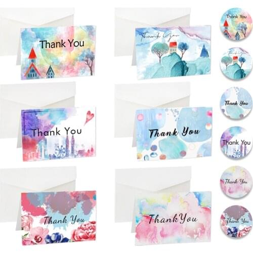 6sets Thank You Greeting Card Watercolor Castle Tree Flower Gift Postcard with Envelope Stickers for Wedding Party Invitation