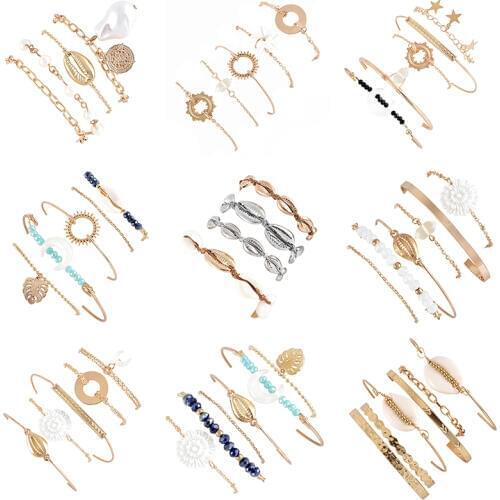 9 styles Women Bracelets Fashion Shell Beaded Moon Star Crystal Leaf Geometric Gold Bracelet Set Party Jewelry Gifts Accessories