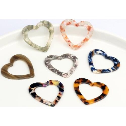 5pcs/lot 46mm Acetic Acid Resin Hollow Flat Smooth Heart Charms Pendants For DIY Earrings Jewelry Making Finding Accessories