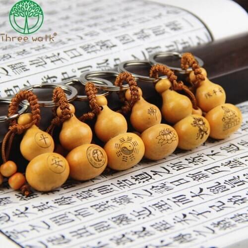 Hot Chinese Traditional Good Luck Gourd Keychain Cute Mini Peach Wood Key ring Wishful Lucky Pendant Car Keys Ornaments Dropship