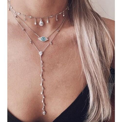 Rose gold trendy women jewelry cz station chain bezel cz drop tassel tear drop charm necklace