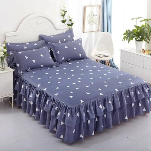Double Layers Bed Skirt Printed Bedroom Bed Skirt Bed Cover Non-slip Mattress Cover Skirt Bedsheet Bedspread with Pillowcases