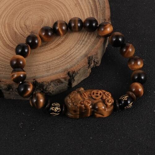 Feng Shui India Onyx Tiger Eye Stone Beads Brave Troops Charm Bracelet Pixiu Wealth Good Luck Wristband For Men Women