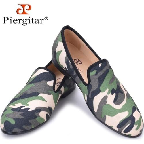 Piergitar British design classic-traditional loafers and military motif Camo print with leather insole men canvas casual shoes