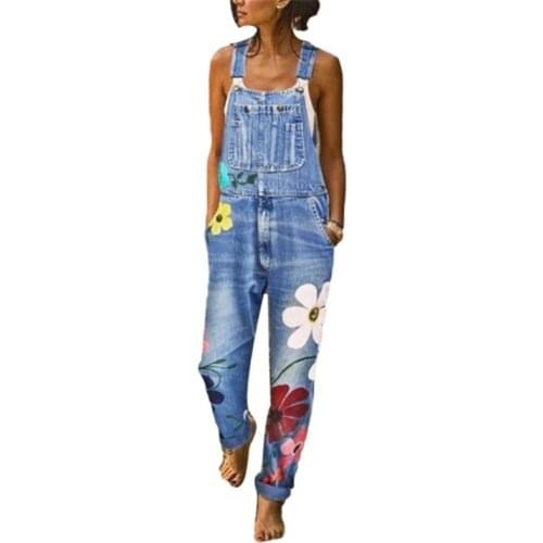 One Piece Denim Jumpsuit for Women Vintage Sleeveless Spaghetti Strap Floral Print Jeans Overalls Ladies Casual Jean Bodysuits