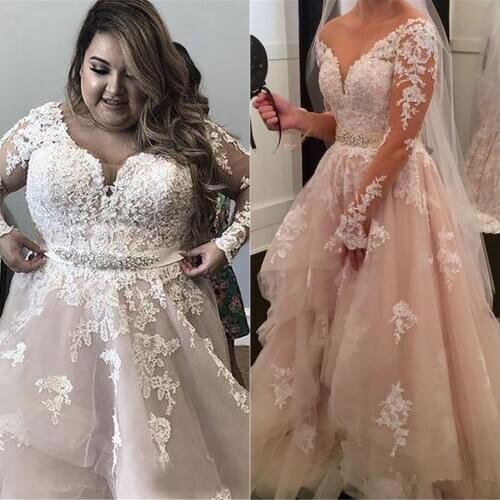 Plus size Crystals Lace Arabic Wedding Dresses V-neck Long Sleeves Tiers Bridal Dresses Wed Vintage Sexy Wedding Gowns