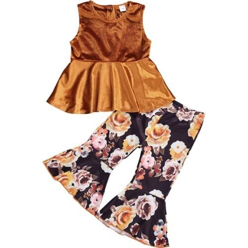 1-4Y Fashion Baby Girls Clothes Sets Velvet Sleeveless Ruffles Vest Tops Floral Print Flare Pants 2pcs Outfits