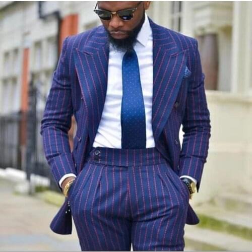 Fashion Blue Stripe Men Suits Costume Homme Groom Wear Tuxedos Wedding Slim Fit 2 Pieces Blazer(Jacket+Pants)