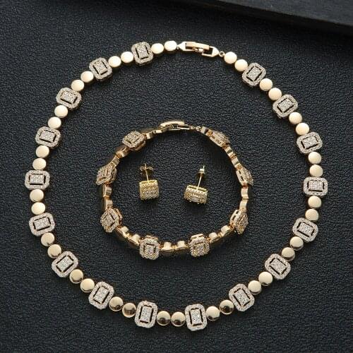 New Tennis Chain Luxury AAA Zircon Square Shape Choker Earring Bracelet Set For Women Dubai Jewelry For Girl Wedding N0525