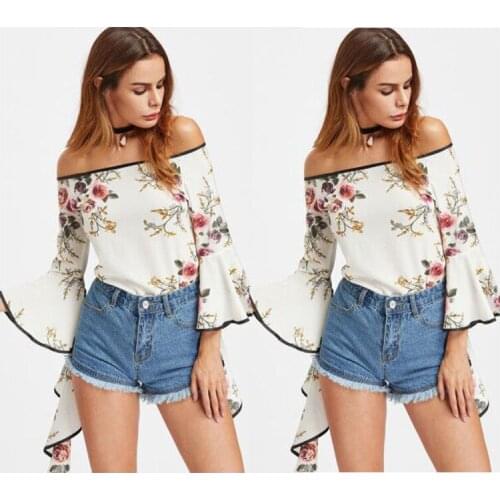 Neatie kiddie White Flare Print Sexy Off Shoulder Summer Floral Sleeve Blouse Women Shirt Casual Chiffon Shirt