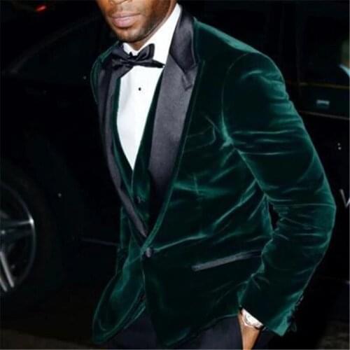 Autumn Winter Dark Green Velvet Wedding Men Suits 3 Pieces (Jacket+Pant++Vest+Tie) Fashion Handsome Slim Fit Groom Blazer