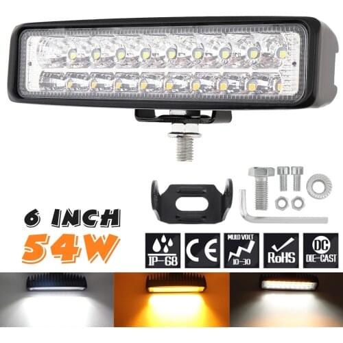 Ultra Bright 6 Inch 54W LED Work Light Bar Waterproof White + Yellow Fog Lamp for Driving Offroad Boat Car Tractor Truck 4x4 SUV