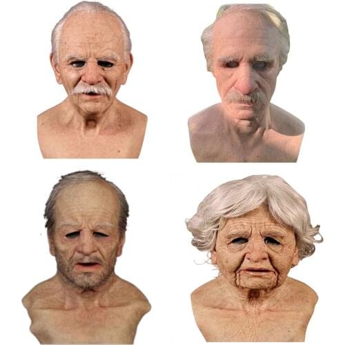 Realistic Elderly Man Women Mask Latex Halloween Costume Full Head Horror Party Elderly Man Adult Wig Grandfather Old Man Mask