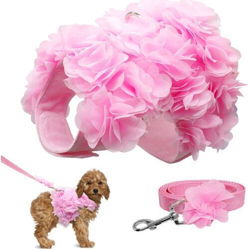 Pink Breathable Flower Dog Harness Small Dog Pet Harness Leash Set Puppy Vest For Chihuahua Teddy Dog Chest Strap Leash Set