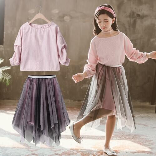 Girls Clothes Sets Spring Autumn Boutique Kids Clothing Suit Long Sleeve Shirts and Mesh Skirt 2 Pcs Set 4 6 8 10 12 14 Years