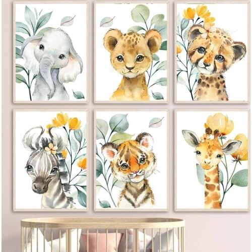Safari Animals Wall Art Nursery Poster Print Lion Tiger Elephant Girraffe with Yellow Flower Canvas Painting Kids Room Pictures