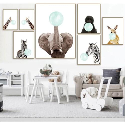 Self adhesive wall sticker Zebra Girafe Elephant Animal Poster Print Wall Art Painting Picture Nordic Baby Kids Room Decoration
