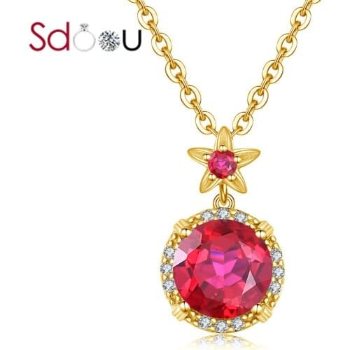 SDOOU Silver 925 Pendants For Women New Trendy 14K Gold Plated Pendant Cute Romantic Ruby Flower Carved Gems Fashion Jewelry New