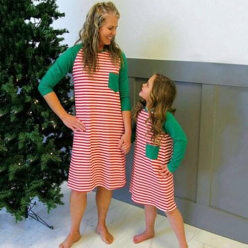 Mother Daughter Striped Family Dress Women Girls Autumn Long Sleeve Patchwork Dresses Family Matching Clothes Xmas Dress