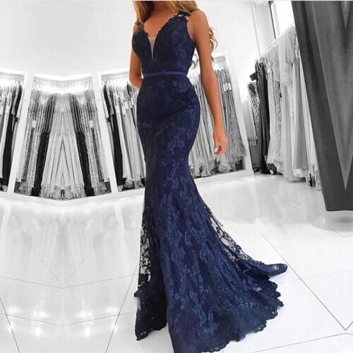 Navy Blue Muslim Evening Dresses Mermaid V-neck Lace Beaded Formal Islamic Dubai Saudi Arabic Long Elegant Evening Gown