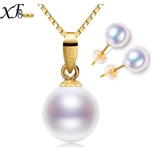 XF800 Brand 18K Gold Necklace Earrings Jewelry AU750 Natural Pearl Pendant Necklace Earrings Jewelry Sets White Round Pearl T22
