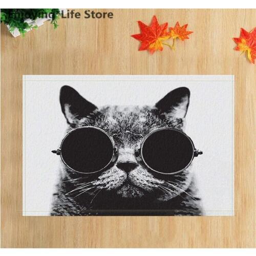 Cool Cat with Glasses Shower Curtain Set Waterproof Shower Curtain Bathroom Bath Mat Fabric Rugs with Mat 12 Hooks