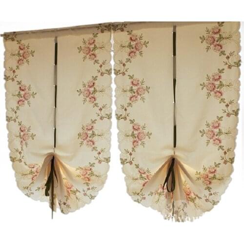 Balloon Shades Window Treatment Valance Curtain Girls Flower Pastoral Embroidered Tie Up Kitchen Liftable Roman Curtain