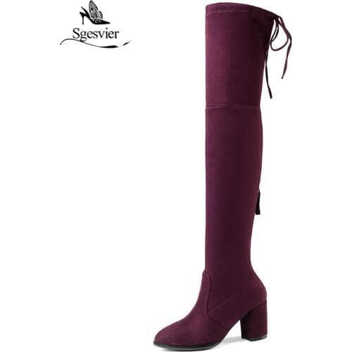 Sgesvier 2019 Women Boots Lace Up Over The Knee Boots Stretch Fabric Square High Heel Slim Fashion Ladies Boots Size 34-43 OX552