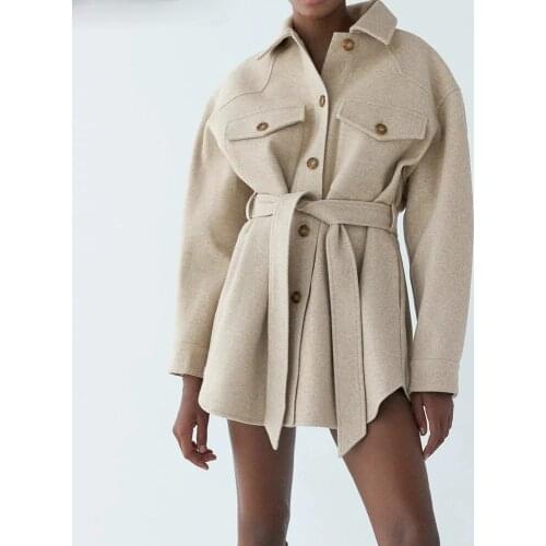 Za Women 2020 Fashion With Belt Loose Woolen Jacket Coat Vintage Long Sleeve Side Pockets Female Outerwear Chic Overcoat