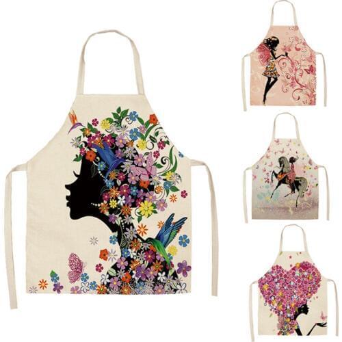Hongbo 1 Pcs Cotton Linen Flower Butterfly Girl Printed Kitchen Aprons for Women Home Cooking Baking Waist Bib Pinafore