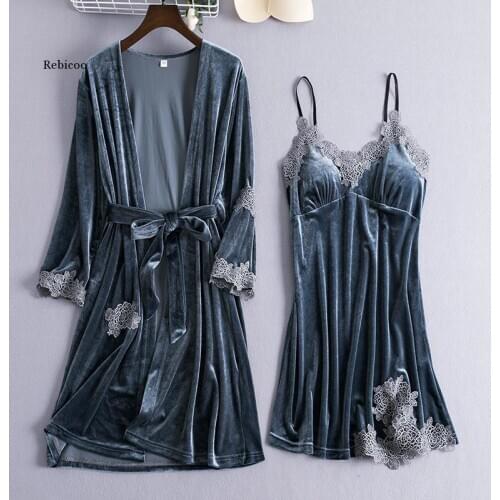 2pcs Nightgown Sleep Set Gray Womens Velour Sleepwear Robe Kimono V-Neck Pijamas Softy Gown Sleepshirt Pajamas Suit Homewear