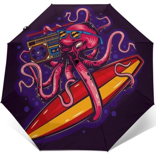 Automatic Umbrella Vintage Octopus With Glasses Boombox And Surfing three-fold umbrella women men rain umbrella
