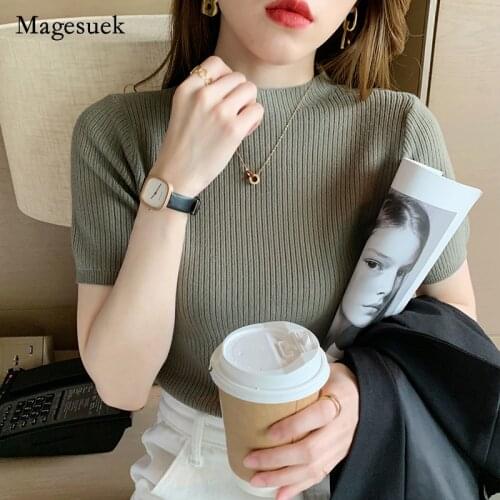 Sweet Summer Spring Knitted Solid O-neck Slim Blouse Women Fashion Short Sleeve Tops Casual Office Lady Sweater T-shirts 15887