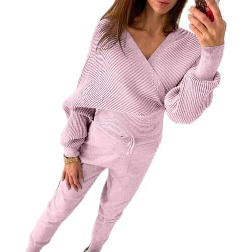 FORERUN Women Knitted Suits 2021 Two Peice Pants Set Solid V-Neck Pullover Fashion Fitness Trousers Sportswear Conjunto Feminino