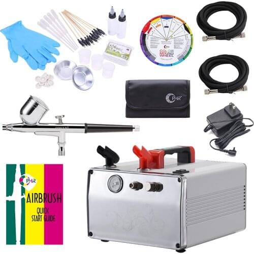 OPHIR DC 12V Airbrush Kit Dual Action Gravity Paint Gun Compressor with Tank & Airbrush Accessories for Model Car Painting